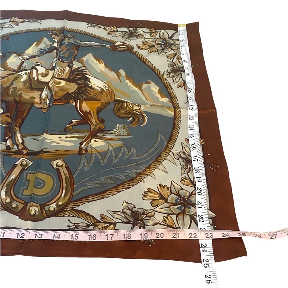NEW DOUBLE D RANCH 100% Silk Scarf Country Western Cowgirl Boho 25" Blue Brown - Picture 6 of 9